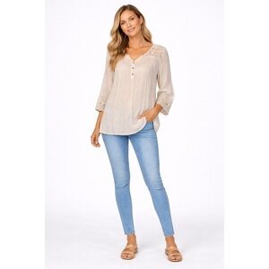 CB Established 1962 Women 2X Beige Crochet Lace Boho Henley Blouse 3/4 Sleeve